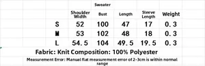 Tableau des tailles détaillé pour pull en tricot avec mesures S M L en centimètres