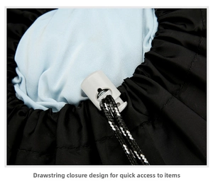 Detail of drawstring closure with plastic toggle on large hiking backpack