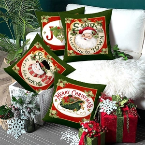 Set of 4 Christmas pillow covers with Santa and reindeer prints on dark green linen fabric