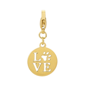 Gold stainless steel LOVE pendant with paw print cutout and lobster clasp for DIY jewelry