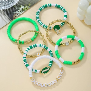 Detail of 7-piece Football Mom bracelet set with green Heishi beads and charms