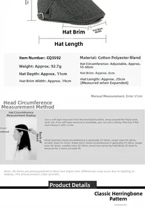 Size chart and measurement guide for the grey herringbone newsboy flat cap with metal buckle