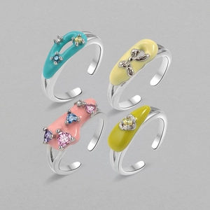 Colorful Enamel Open Rings Copper Zircon Adjustable Heart Bow Dopamine Style Jewelry For Women