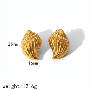 Golden stainless steel conch shell earrings with pearl accents measuring 25mm by 16mm