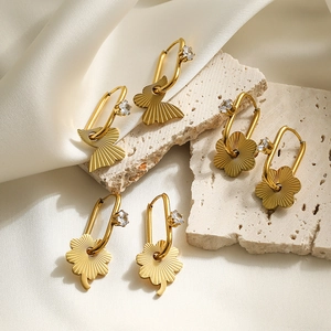 Titanium Steel Earrings Gold Plated Zircon Butterfly Flower Dangle Hoops For Women Vintage Minimalist Style