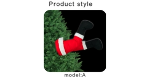 Detail view of plush Santa elf legs inserted into a Christmas tree as a festive decoration