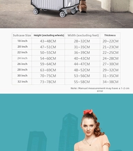 Size chart for thick PVC luggage protector showing height, width, and thickness per size