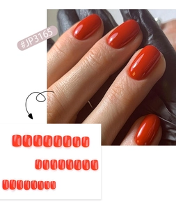 Glossy red short square press-on nails set with vibrant mirror finish texture