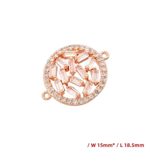 Macro detail of 15mm rose gold floral jewelry connector with zircon stones