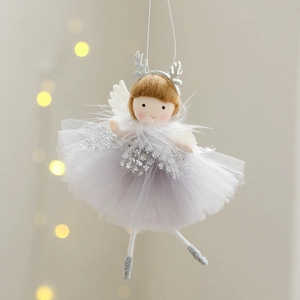 Plush Christmas angel tree topper with white gauze skirt and silver sequin details