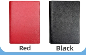 Detail of red and black Saffiano leather passport holders with neat edge stitching