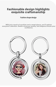 Detailed view of rotating silver metal keychains with customizable round photo inserts