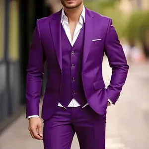 Modern purple three-piece slim fit business suit for men including jacket vest and pants