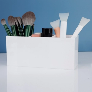 White 3-compartment makeup brush organizer for desktop storage and vanity organization