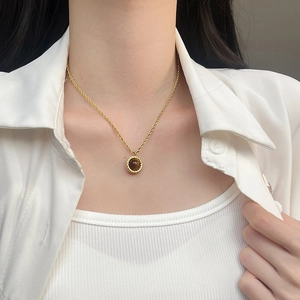 Collana E Orecchini In Acciaio Al Titanio In Stile Francese Vintage Con Ciondolo Tondo In Pietra Occhio Di Tigre Naturale Catena A Corda