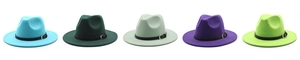 Row of colorful wool fedora hats with black leather belts and classic indented crowns