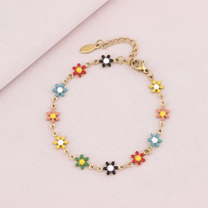 Minimalist stainless steel bracelet with colorful floral pendants on golden chain