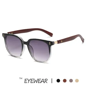 Vintage wood temple square sunglasses with tea gradient lenses for women