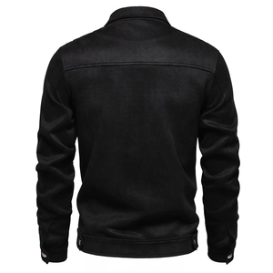 Back view of a black suede jacket for men showing collar and adjustable waist buckles