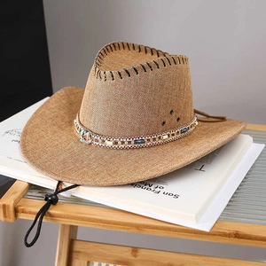 Detail of a woven cowboy straw hat featuring ethnic beaded band and breathable eyelets