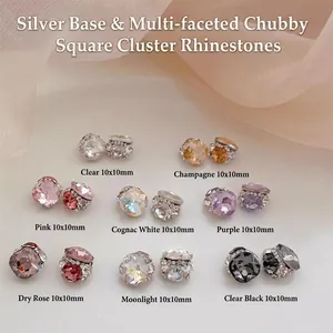 Sparkly multifaceted 10mm square crystal nail art charms with silver base in 8 colors