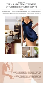 Detailed views of a sexy navy blue satin slip dress with elegant black lace and side slit