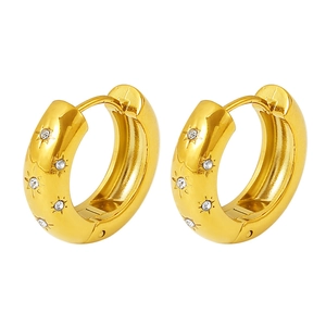 French vintage 18K gold plated hoop earrings with micro-inlaid stars and diamonds