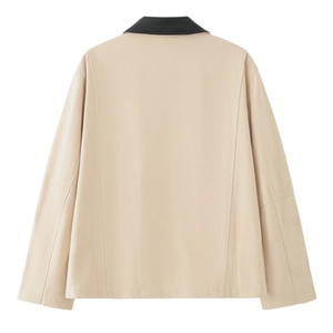 Beige faux leather jacket with black lapel collar, back view on a white background