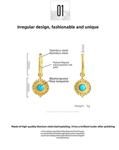 Detail view of 18K gold plated stainless steel hoop earrings with round blue turquoise stones