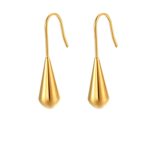Minimalist golden teardrop earrings with a high-polished finish on white background
