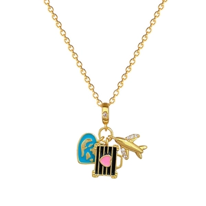 Golden titanium necklace featuring blue earth, pink luggage and diamond airplane charms