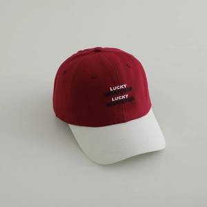 Detail of embroidered Lucky Whatever text on two-tone burgundy and white cotton baseball cap
