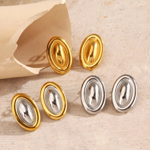 Oval Stud Earrings For Women 18K Gold Plated Stainless Steel Geometric Minimalist Hip Hop Two Tone Metal Jewelry