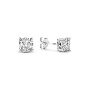 Detailed view of 925 silver flower stud earrings with sparkling zircon clusters on white base
