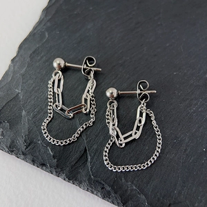 Minimalist silver dual chain drop earrings in polished stainless steel on stone
