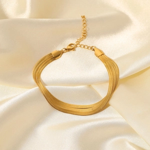 Bracelet à trois couches en acier inoxydable plaqué or 18K à chaîne plate serpent