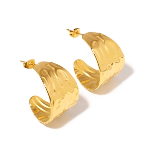 Golden chunky C-shape hoop earrings with wave texture in polished stainless steel