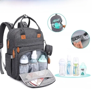 Foldable baby diaper bag with insulated pockets and detachable pacifier case in dark grey