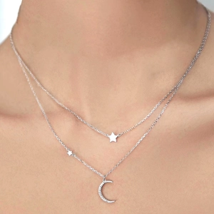 Elegant 925 Sterling Silver Star Moon Double Layer Necklace For Women Fashion Zirconia Pendant Choker Necklace Jewelry Gift
