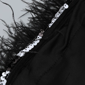 Macro shot of black knit fabric with ostrich feathers and metallic polka dot sequins
