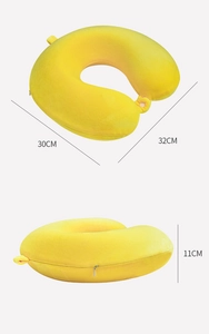 Detailed size dimensions of yellow memory foam U-shaped travel neck pillow with soft plush cover