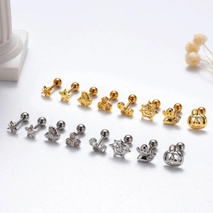 Detailed set of Halloween pumpkin and ghost stud earrings in gold and silver steel