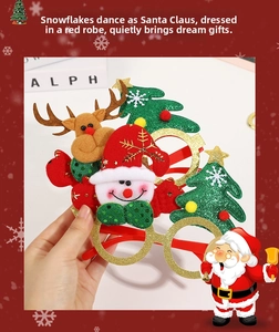 Close-up of Christmas glasses frame featuring glitter trees, reindeer and snowman decor