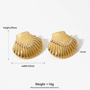 Golden shell earrings with zircon stones, 29mm height, luxury seaside jewelry set
