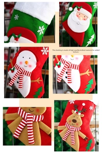 Detailed view of knitted Christmas stockings with 3D Santa, Snowman and Reindeer characters