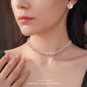 Pink Crystal Copper Necklace And Earrings Rhinestone Luxury Fashion Jewelry For Women