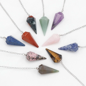 Hexagonal cone natural crystal pendants in various gemstones with silver chain