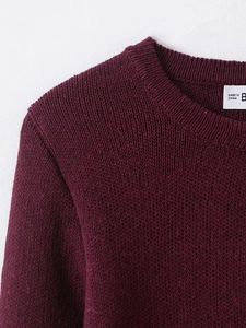 Detailed close-up of dark burgundy knitted cardigan showing fine texture and round neckline