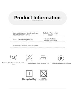 Size specifications and washing instructions for adult knit touchscreen gloves in gray