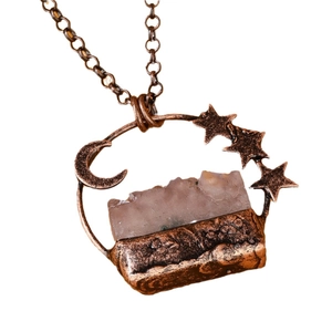 Vintage amethyst rectangle pendant necklace with gold moon and star accents for women